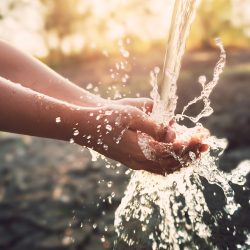 Water pouring on hand in morning ligth background
